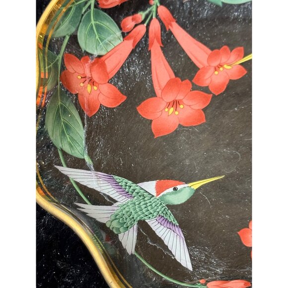 Vintage 1991 Lefton Glass Bowl With Hummingbirds & Flowers Ruffle Gold Edge - Picture 2 of 7